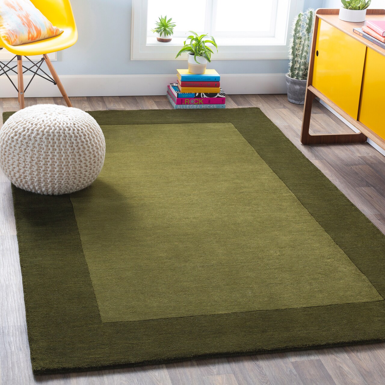Tiwari Home 8' x 11' Solid Olive Green Hand Loomed Rectangular Wool Area Throw Rug
